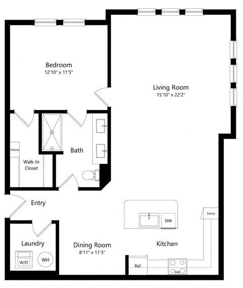 Floor plan for 1 bed, 1 bath, 1009 sqft
